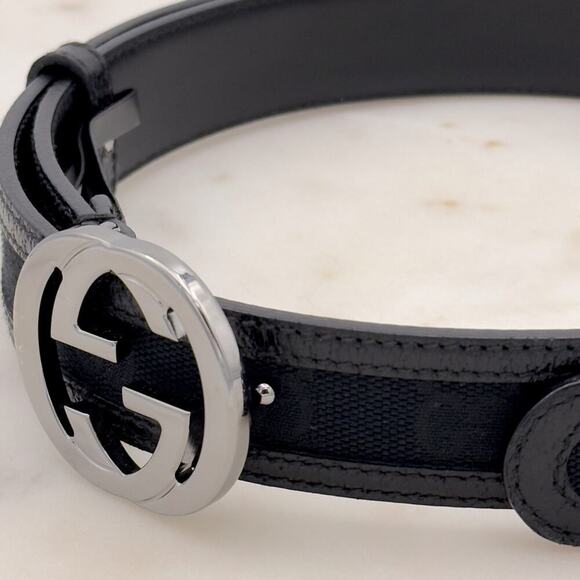New Gucci GG Canvas Leather Belt Interlocking G Black Size 95/38 Unisex 1.2” - Picture 7 of 11